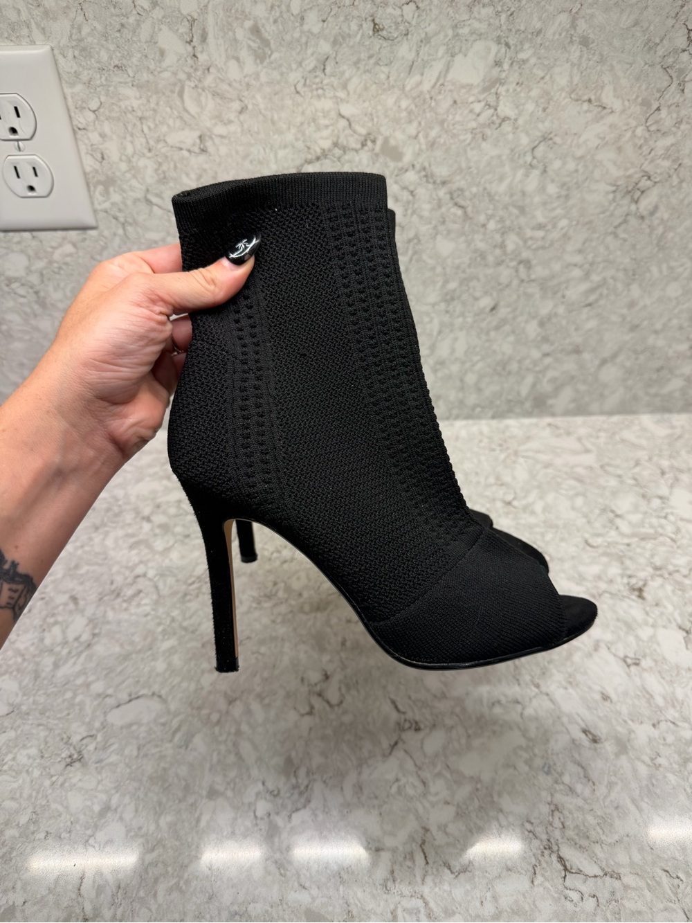 Black Knit Peep-Toe Stiletto Ankle Boot